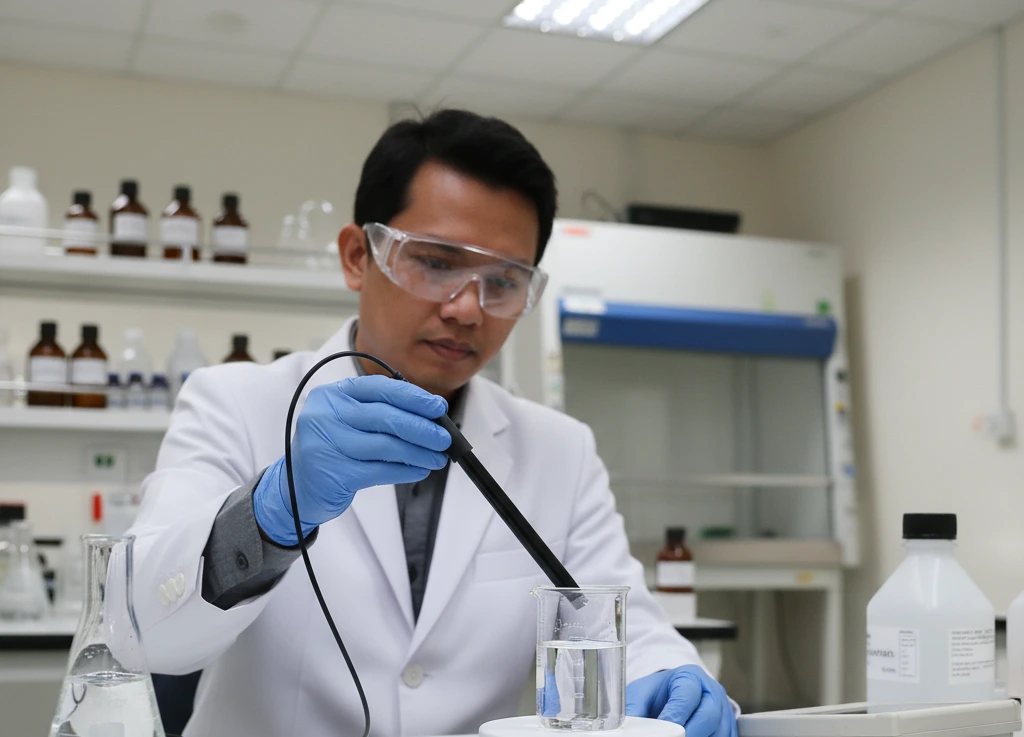 Analis laboratorium Indonesia menggunakan elektroda ion selektif sianida ISE-CN yang terhubung ke ion meter untuk mengukur kadar sianida di beaker pada meja laboratorium lingkungan.