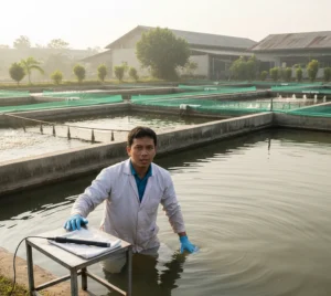 Teknisi laboratorium Indonesia mengukur kadar kalsium air kolam budidaya menggunakan ion meter portabel yang terhubung ke elektroda ion selektif ISE-Ca dengan latar kolam ikan dan instalasi pengolahan air sederhana.