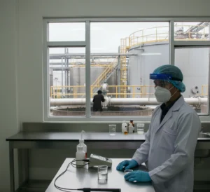 Analis laboratorium Indonesia menggunakan elektroda ion selektif ISE-Cd yang terhubung ke ion meter untuk mengukur kadar kadmium pada sampel air limbah di instalasi pengolahan air.