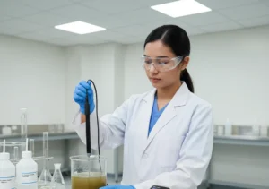 “Analis laboratorium Indonesia mengukur kadar tembaga air limbah dengan elektroda ion selektif ISE-Cu dan ion meter di instalasi pengolahan air.”