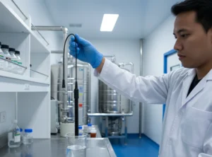 Analis laboratorium Indonesia sedang menggunakan elektroda ISE-F yang terhubung ke ion meter portabel untuk mengukur kadar fluorida pada sampel air minum di fasilitas pengolahan air.