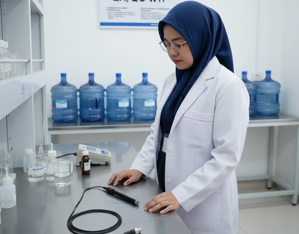 Analis laboratorium Indonesia menggunakan elektroda selektif ion ISE-I Bante yang terhubung ke ion meter untuk mengukur kadar iodida dalam sampel air minum di meja kerja laboratorium pengolahan air.