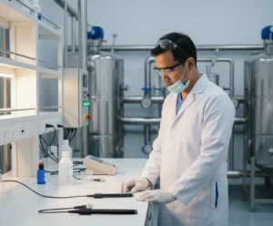 Teknisi laboratorium Indonesia menggunakan elektroda ion selektif kalium ISE-K yang terhubung ke ion meter untuk mengukur kadar kalium pada sampel air di instalasi pengolahan air minum.