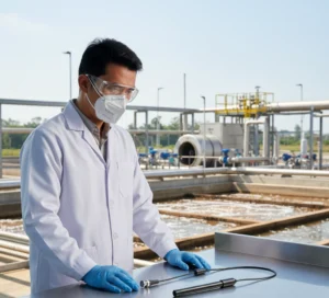 Seorang teknisi laboratorium Indonesia sedang memegang ion meter portabel dengan elektroda ISE-NH4 yang dicelupkan ke sampel air limbah di bak aerasi instalasi pengolahan air, mengenakan jas lab putih dan sarung tangan sebagai bagian dari prosedur pemantauan konsentrasi amonium.