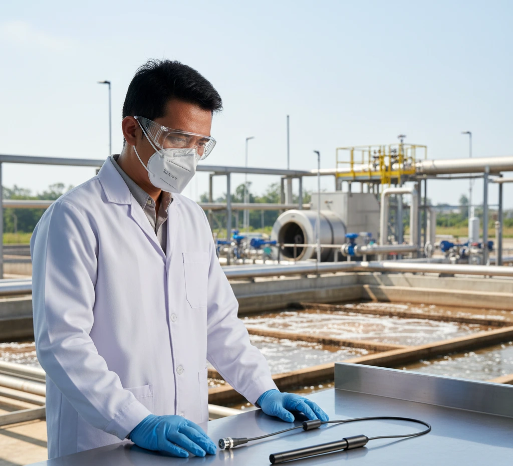 Seorang teknisi laboratorium Indonesia sedang memegang ion meter portabel dengan elektroda ISE-NH4 yang dicelupkan ke sampel air limbah di bak aerasi instalasi pengolahan air, mengenakan jas lab putih dan sarung tangan sebagai bagian dari prosedur pemantauan konsentrasi amonium.