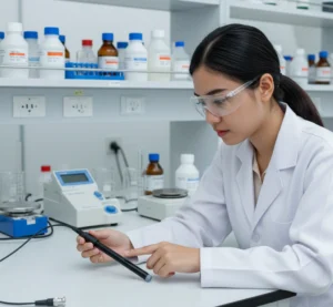 Teknisi laboratorium Indonesia sedang mengukur kadar nitrat air menggunakan ion meter digital dan elektroda ISE-NO3 di atas meja kerja laboratorium pengolahan air minum, dengan beaker berisi sampel air di atas magnetic stirrer dan latar belakang peralatan kimia yang rapi.