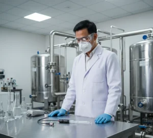 Analis laboratorium Indonesia sedang menggunakan elektroda selektif natrium ISE-Na yang terhubung ke ion meter untuk mengukur kadar natrium pada sampel air di atas magnetic stirrer di laboratorium pengolahan air.