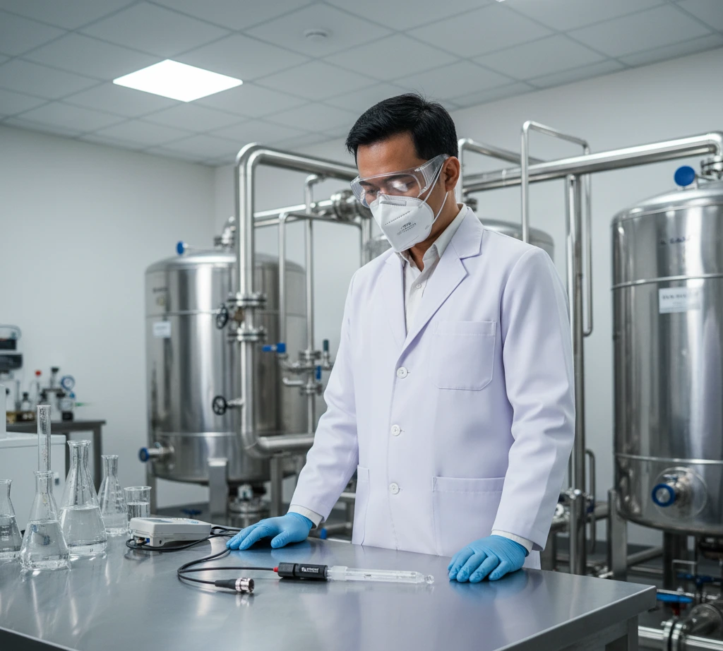 Analis laboratorium Indonesia sedang menggunakan elektroda selektif natrium ISE-Na yang terhubung ke ion meter untuk mengukur kadar natrium pada sampel air di atas magnetic stirrer di laboratorium pengolahan air.