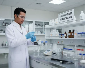 Teknisi laboratorium Indonesia sedang menggunakan elektrode selektif ion ISE-Pb yang terhubung ke ion meter untuk mengukur kadar timbal dalam sampel air limbah di laboratorium kualitas air.