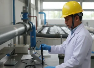 Analis laboratorium Indonesia mengukur kadar sulfida di sampel air limbah industri menggunakan elektroda ion selektif ISE-S yang terhubung ke ion meter portabel di area instalasi pengolahan air limbah.