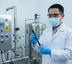 Teknisi laboratorium Indonesia sedang menggunakan elektroda ISE-WH yang terhubung ke water hardness meter untuk mengukur kesadahan air di instalasi pengolahan air minum kampus, dengan latar belakang pipa dan tangki stainless yang tertata rapi.