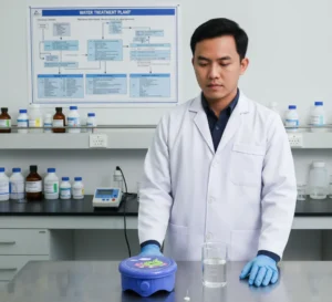 Teknisi laboratorium Indonesia sedang mengaduk sampel air di beaker menggunakan magnetic stirrer mini JB-1A di ruang pengolahan air minum.
