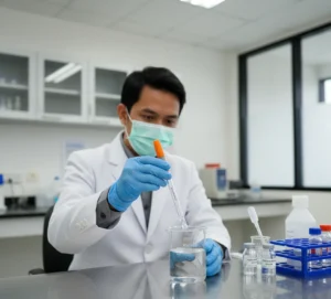 Analis laboratorium Indonesia mengukur konduktivitas air menggunakan meter konduktivitas dengan elektroda kaca platinum Bante K10 yang dicelupkan ke dalam beaker sampel di meja kerja lab pengolahan air minum.