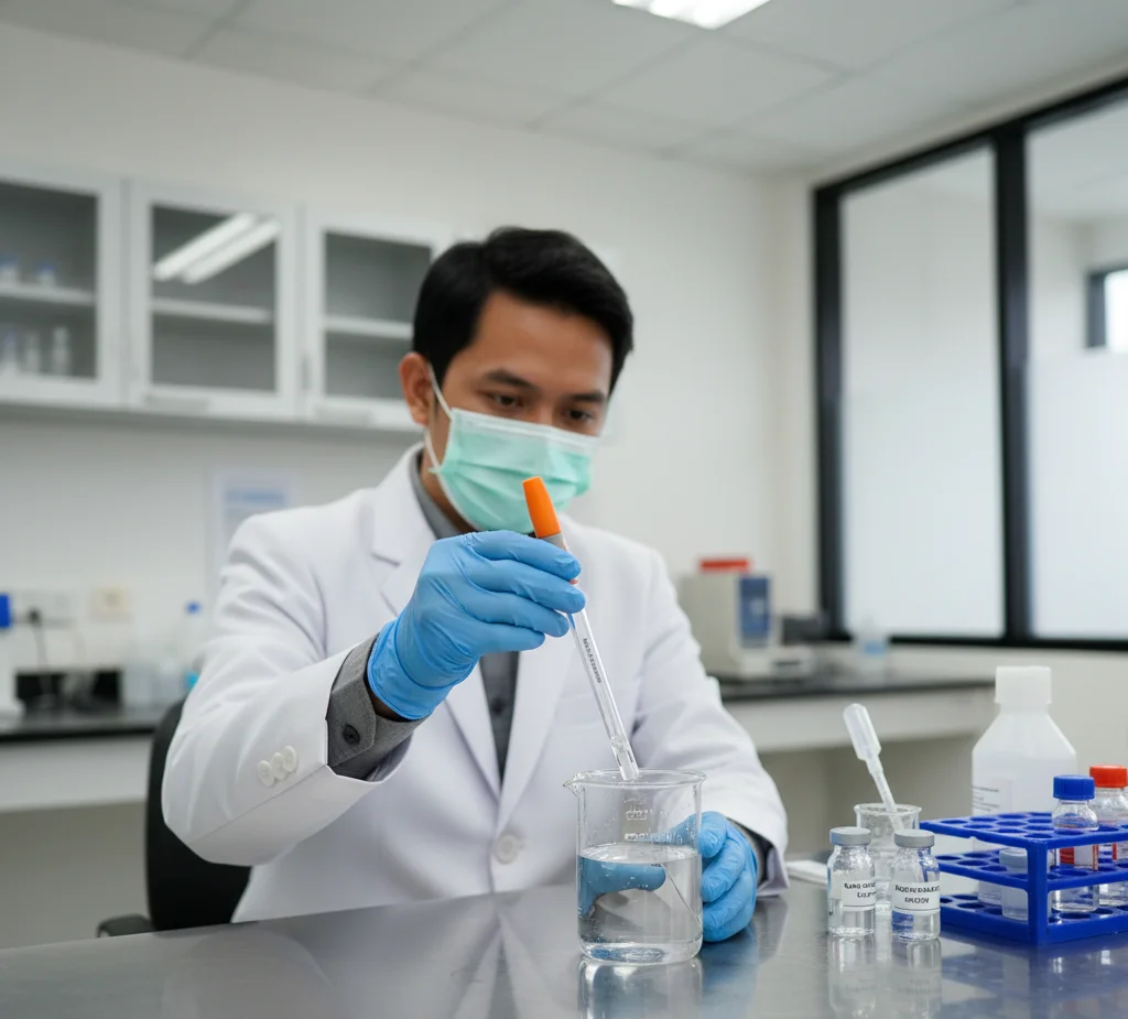 Analis laboratorium Indonesia mengukur konduktivitas air menggunakan meter konduktivitas dengan elektroda kaca platinum Bante K10 yang dicelupkan ke dalam beaker sampel di meja kerja lab pengolahan air minum.