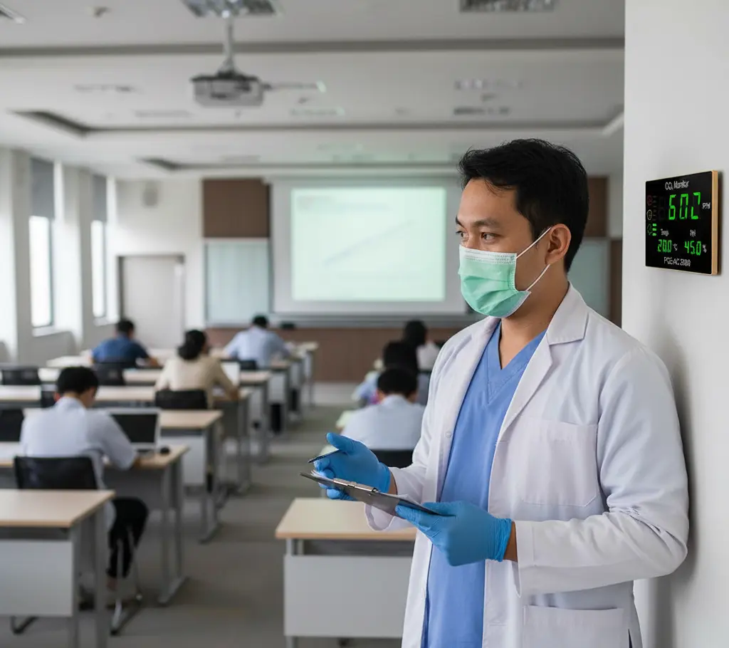 Teknisi laboratorium Indonesia memantau nilai CO2 pada Air Humidity Meter PCE-AC 2000 yang terpasang di dinding ruang kuliah modern.