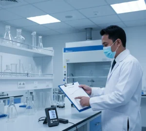 Teknisi laboratorium Indonesia memantau kualitas udara ruangan menggunakan Air Humidity Meter PCE-AQD 10 yang menampilkan data CO₂, suhu, dan kelembapan di layar.