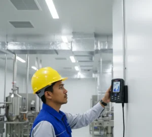 Teknisi lingkungan Indonesia memeriksa display PCE-AQD 20 yang terpasang di dinding ruang produksi untuk memantau CO2, PM2,5, suhu, kelembapan, dan tekanan udara secara real time.