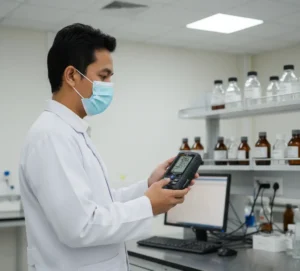 Teknisi laboratorium Indonesia sedang menggunakan air quality meter PCE-AQD 20-ICA di ruang laboratorium modern untuk memantau CO₂, suhu, dan kelembaban udara secara real-time.