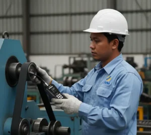 Seorang teknisi Indonesia sedang mengukur ketegangan belt atau sabuk mesin menggunakan belt tension meter pada mesin industri, untuk memastikan ketegangan belt tidak terlalu kencang atau terlalu kendur.