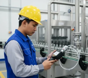 Teknisi Indonesia di pabrik minuman sedang menggunakan Air Humidity Meter PCE-DPM 3 untuk mengukur titik embun pada jalur udara bertekanan di dekat line pengisian botol, dengan latar pipa stainless dan kompresor.