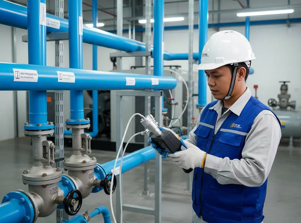 Teknisi Indonesia memeriksa titik embun udara bertekanan dengan Air Humidity Meter PCE-DPM 10 di ruang compressor pabrik minuman.