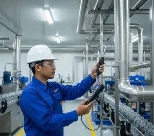 Teknisi Indonesia di pabrik minuman sedang menggunakan Air Humidity Meter PCE-DPM 3 untuk mengukur titik embun pada jalur udara bertekanan di dekat line pengisian botol, dengan latar pipa stainless dan kompresor.