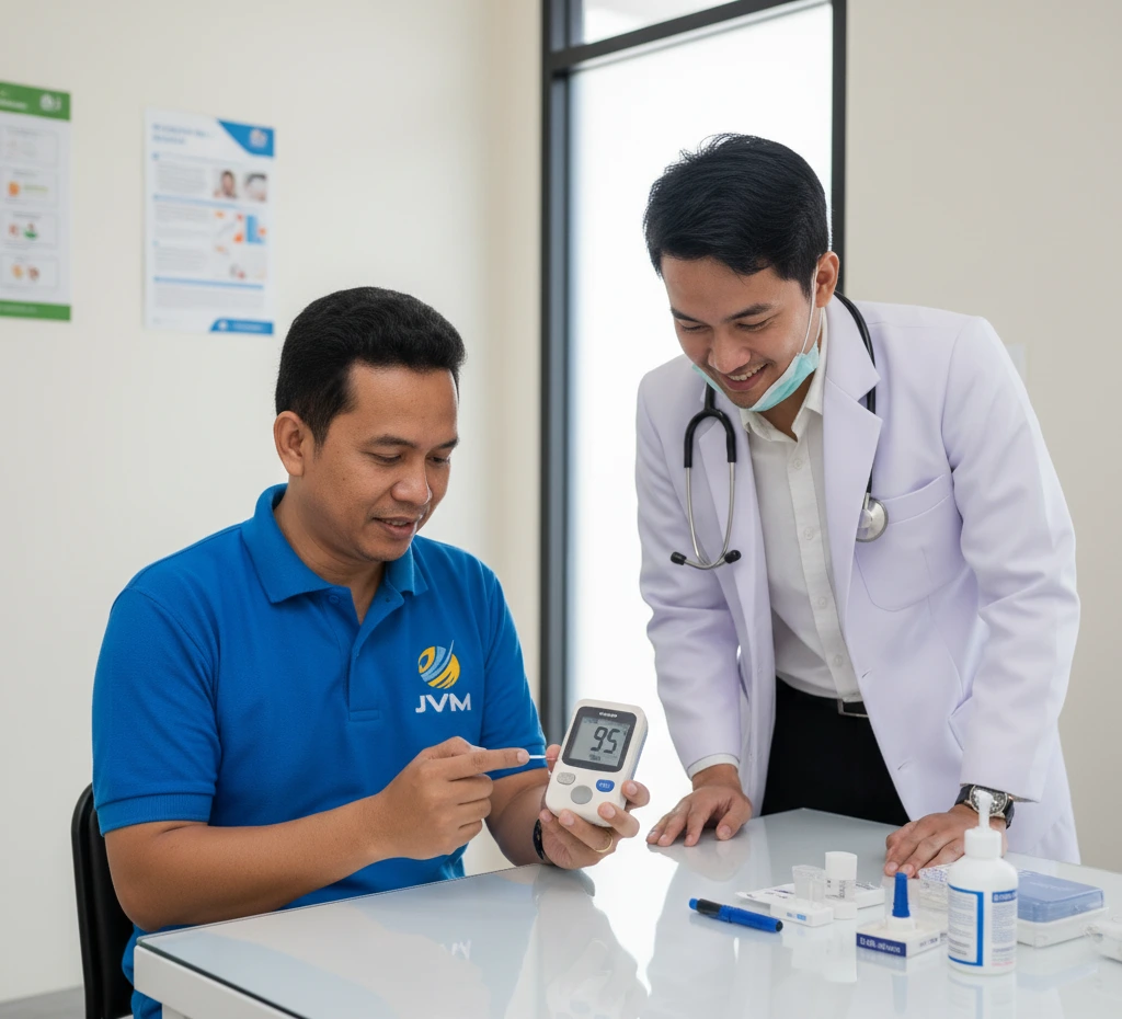 Ilustrasi alat ukur kadar gula darah glukometer dan alat pengukur kadar gula pada bahan pangan sebagai solusi untuk membantu mengontrol asupan gula sebelum dikonsumsi.