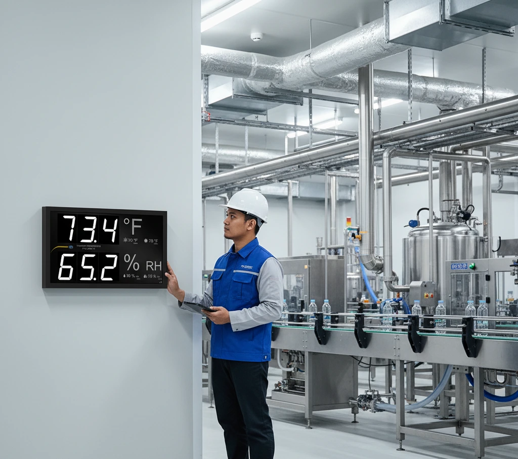 Seorang teknisi Indonesia memantau nilai suhu dan kelembapan pada display besar PCE-EMD 10-ICA yang terpasang di dinding ruang pengemasan minuman, dengan line produksi botol di latar belakang.