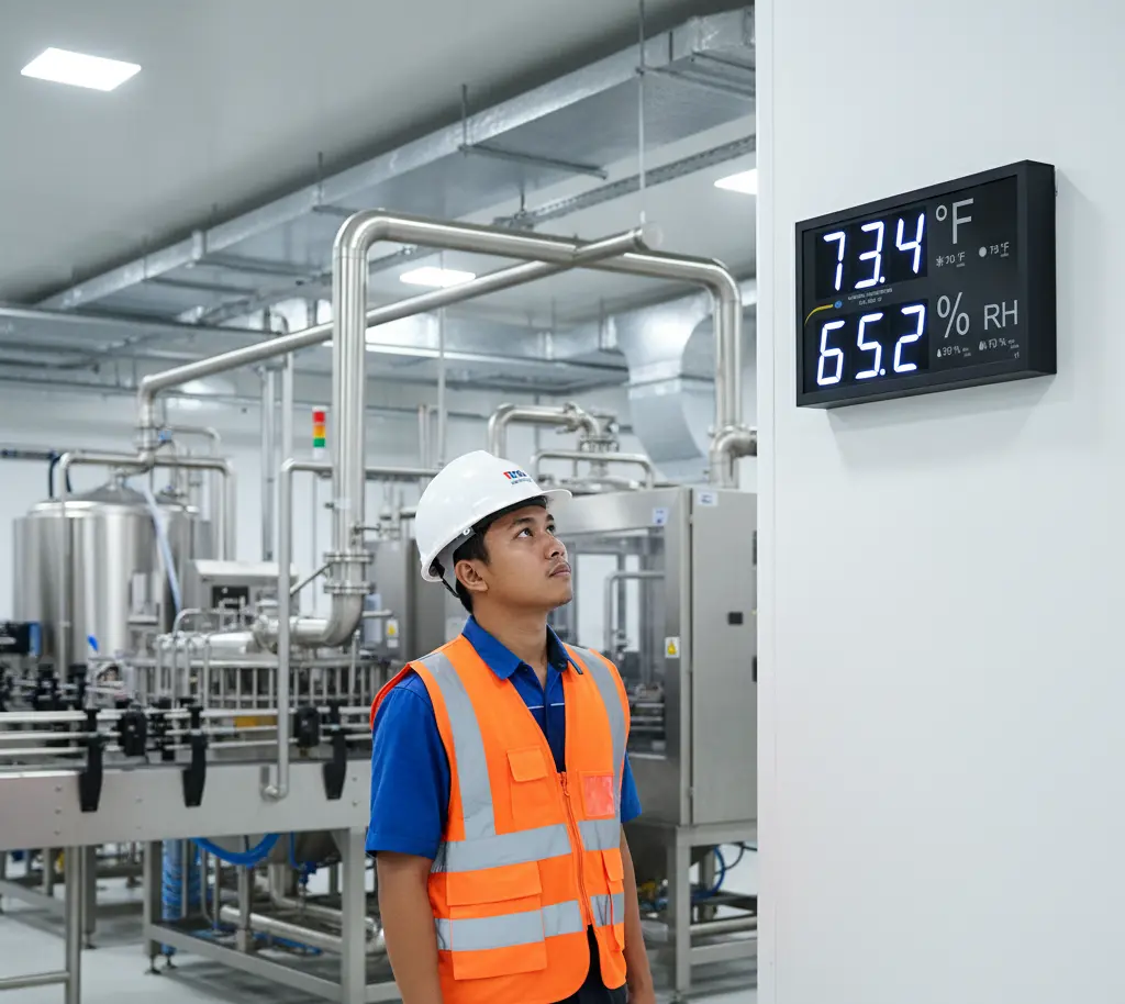 Teknisi Indonesia memeriksa panel display Air Humidity Meter PCE-EMD 10 yang terpasang di dinding ruang produksi minuman, menampilkan nilai suhu dan kelembapan dari beberapa sensor secara real time.
