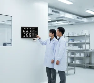 Teknisi Indonesia memantau kelembapan ruang produksi menggunakan panel air humidity meter PCE-EMD 5 dengan digit besar yang terpasang di dinding ruang laboratorium modern.