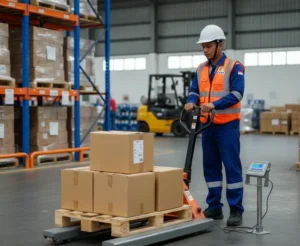 Foto operator gudang Indonesia menimbang pallet menggunakan timbangan pallet mobile U-form dengan bantuan pallet truck di area receiving untuk kontrol berat kiriman.