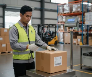 Seorang petugas gudang ekspedisi Indonesia menimbang paket karton di atas timbangan platform PCE-EP 150P2 untuk verifikasi berat sebelum pengiriman, sambil memindai barcode AWB di area staging gudang.