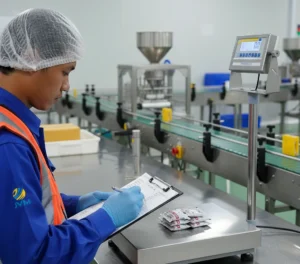 Seorang petugas QC Indonesia di area pengemasan pabrik sedang menimbang sampel kemasan di atas checkweighing scale PCE-EP 30P1-ICA dengan platform stainless dan display LCD pada stand, sambil mencatat hasil untuk memastikan berat kemasan berada dalam batas MIN/OK/MAX dan menjaga konsistensi isi produk.