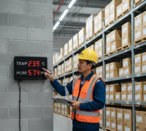 teknisi gudang indonesia memantau panel display air humidity meter pce-g 2 di dinding gudang bahan baku farmasi dengan digit suhu dan kelembapan merah besar