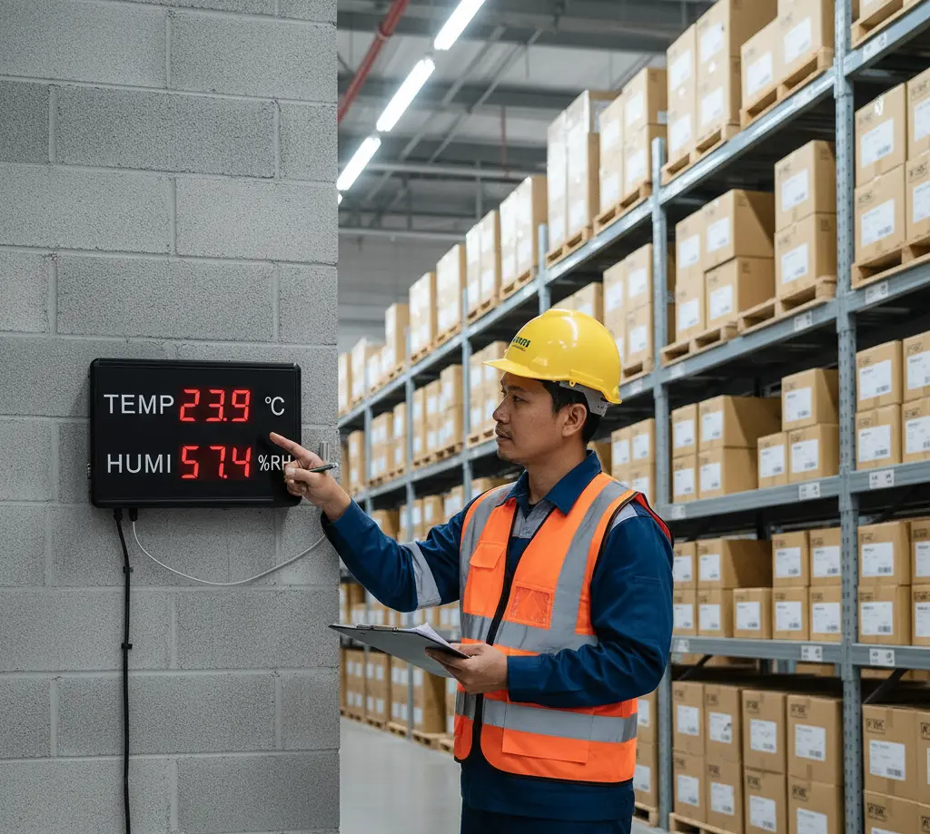 teknisi gudang indonesia memantau panel display air humidity meter pce-g 2 di dinding gudang bahan baku farmasi dengan digit suhu dan kelembapan merah besar