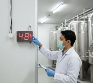 Teknisi di pabrik minuman Indonesia sedang melihat display LED besar Air Humidity Meter PCE-G1 yang terpasang di dinding untuk memantau kelembapan dan suhu ruang produksi.