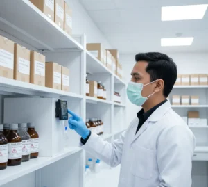 Teknisi laboratorium Indonesia sedang membaca data pada PCE-HT 112 air humidity meter yang terpasang di dinding ruang penyimpanan obat, menampilkan suhu dan kelembaban pada layar LCD.