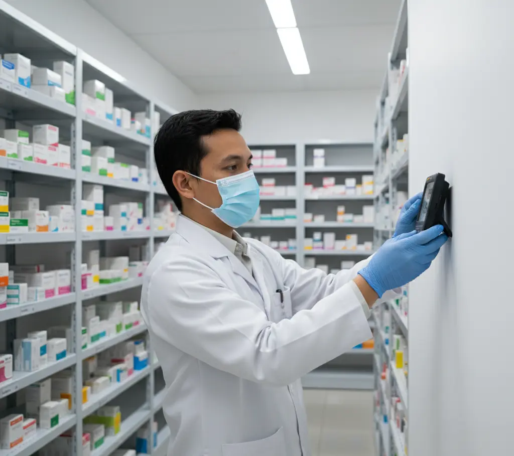 Teknisi laboratorium Indonesia memasang data logger suhu dan kelembapan PCE-HT 112-ICA di dinding ruang penyimpanan obat untuk memantau kondisi lingkungan secara kontinu.