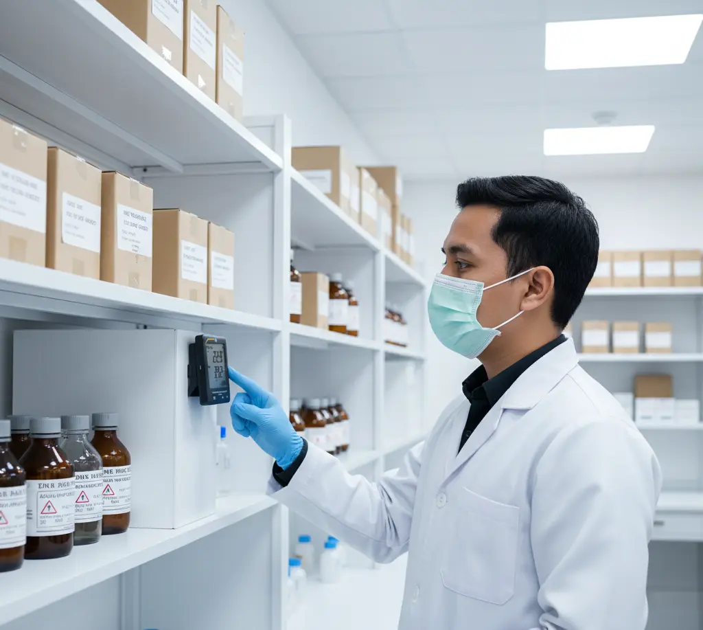 Teknisi laboratorium Indonesia sedang membaca data pada PCE-HT 112 air humidity meter yang terpasang di dinding ruang penyimpanan obat, menampilkan suhu dan kelembaban pada layar LCD.