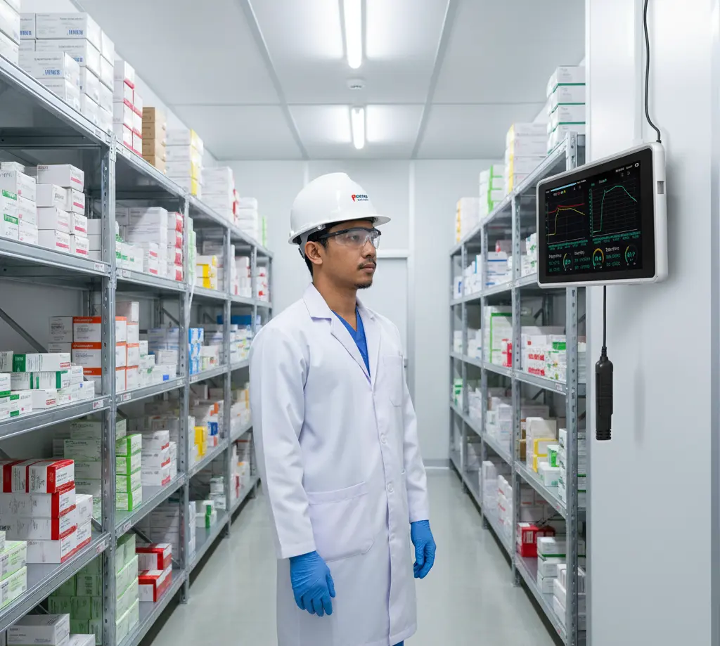 Teknisi laboratorium Indonesia memantau suhu dan kelembapan gudang farmasi menggunakan alat PCE-HT 300 dengan layar sentuh besar yang menampilkan grafik tren.
