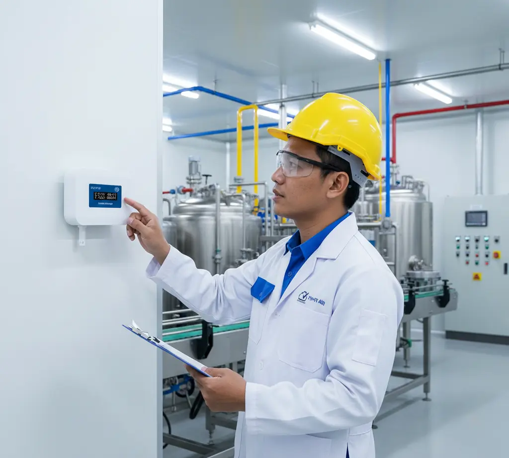 “Teknisi Indonesia memantau suhu dan kelembapan ruangan melalui air humidity meter PCE-HT 420IoT yang terpasang di dinding ruang produksi industri makanan.”