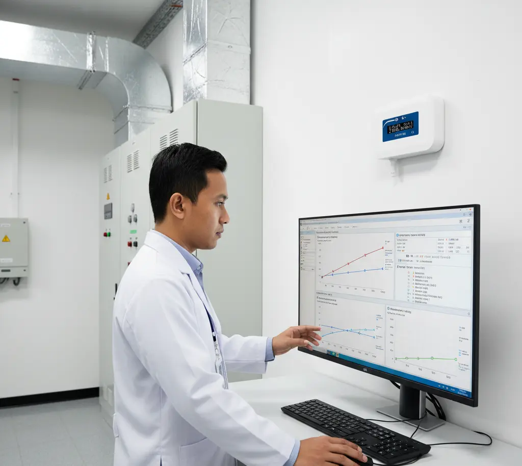 Teknisi laboratorium Indonesia memantau grafik suhu, kelembapan, dan CO₂ dari Air Humidity Meter PCE-HT 422 yang terpasang di dinding ruang kontrol HVAC modern.
