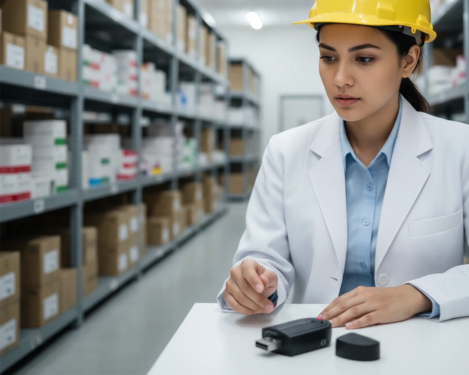 Teknisi QA Indonesia memasang logger suhu dan kelembapan PCE-HT 70-ICA di dinding gudang farmasi untuk memantau suhu dan kelembapan udara secara kontinu.