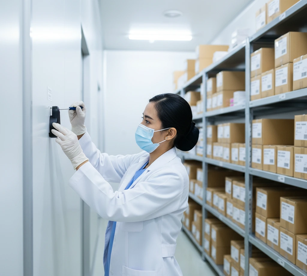 Teknisi laboratorium memasang data logger kelembaban PCE-HT 70 di dinding gudang farmasi berpendingin untuk memantau suhu dan kelembaban secara kontinu demi mendukung audit dan validasi kualitas.