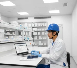 “Teknisi laboratorium Indonesia memantau data logger suhu dan kelembaban yang terpasang di dinding gudang farmasi menggunakan laptop.”