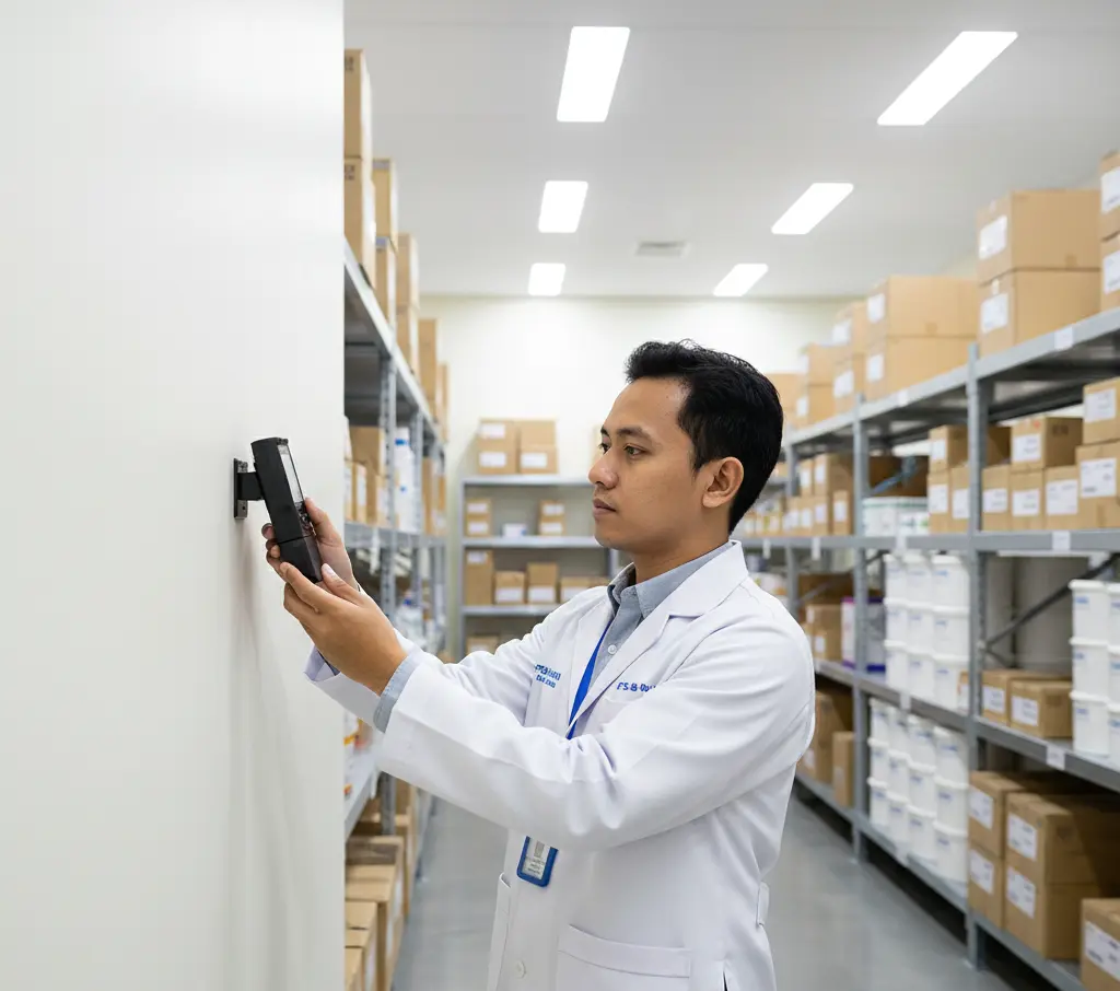 Teknisi laboratorium memeriksa data pada PCE-HT 72-ICA, sebuah data logger suhu dan kelembapan kecil yang terpasang di dinding ruang penyimpanan bahan baku farmasi.