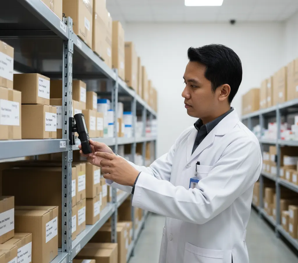 Teknisi laboratorium Indonesia memeriksa data logger suhu dan kelembapan PCE-HT 72 yang terpasang di rak gudang farmasi untuk monitoring kondisi penyimpanan.