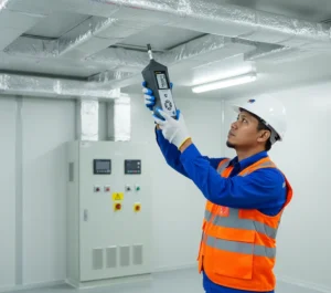 Teknisi HVAC Indonesia sedang menggunakan PCE-HVAC 3 thermo hygrometer portabel untuk mengukur suhu dan kelembaban di ruang produksi farmasi yang ber-AC.