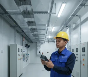 Teknisi Indonesia memeriksa kelembapan dan suhu ruangan menggunakan air humidity meter PCE-HVAC 3-ICA di ruang sistem HVAC industri.