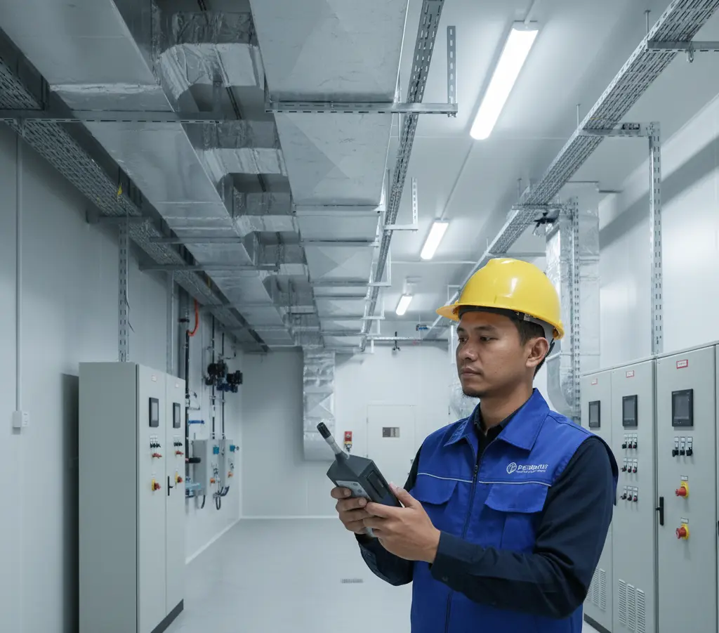 Teknisi Indonesia memeriksa kelembapan dan suhu ruangan menggunakan air humidity meter PCE-HVAC 3-ICA di ruang sistem HVAC industri.